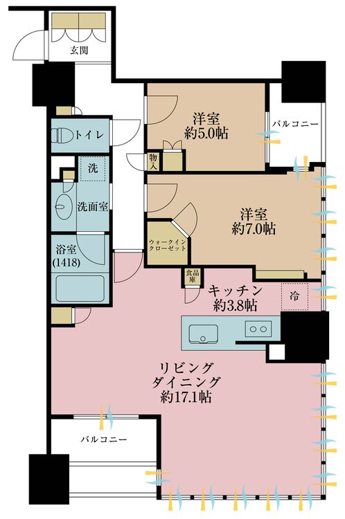 その他 2LDK、専有面積74.59m2、バルコニー面積8.81m2