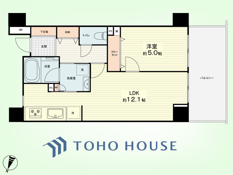 間取り 1LDK　専有面積41.37平米、バルコニー面積9.80平米