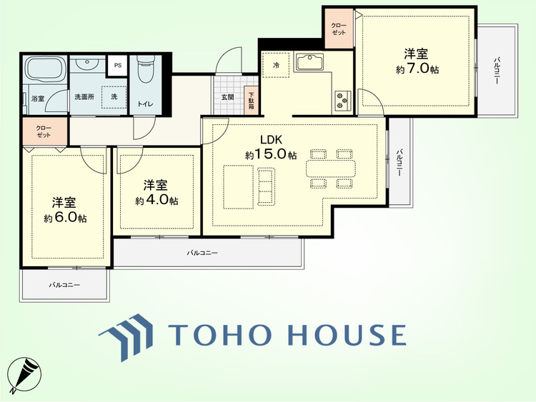 間取り 3LDK　専有面積71.24平米、バルコニー面積13.08平米