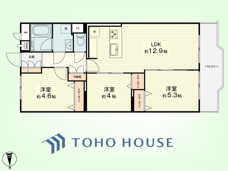 間取り 3LDK　専有面積59.92平米、バルコニー面積6.59平米