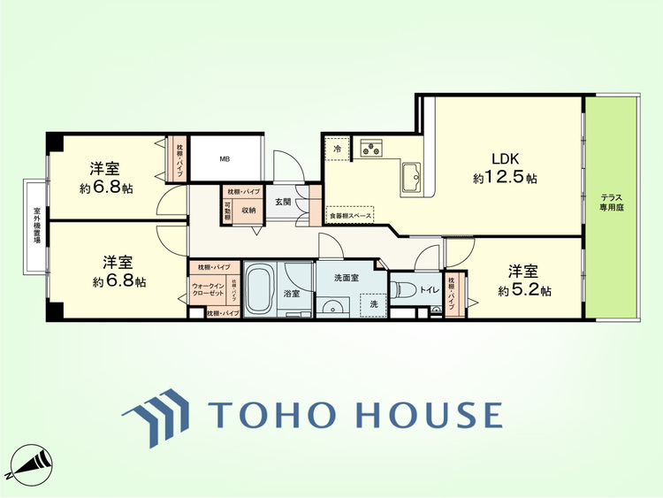 間取り 3LDK　専有面積79.57平米、テラス面積12.7平米、専用庭面積13.33平米