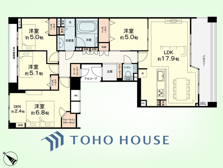 間取り 4LDK+TR、DEN　専有面積99.37平米、バルコニー面積13.25平米