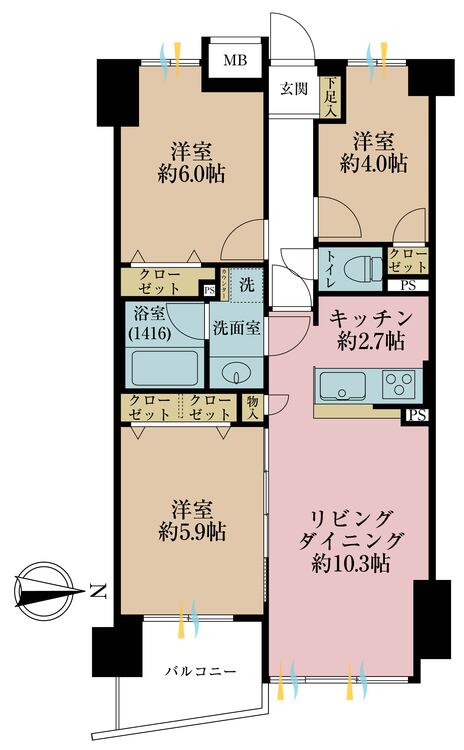 その他 3LDK、専有面積62.42m2、バルコニー面積5.02m2
