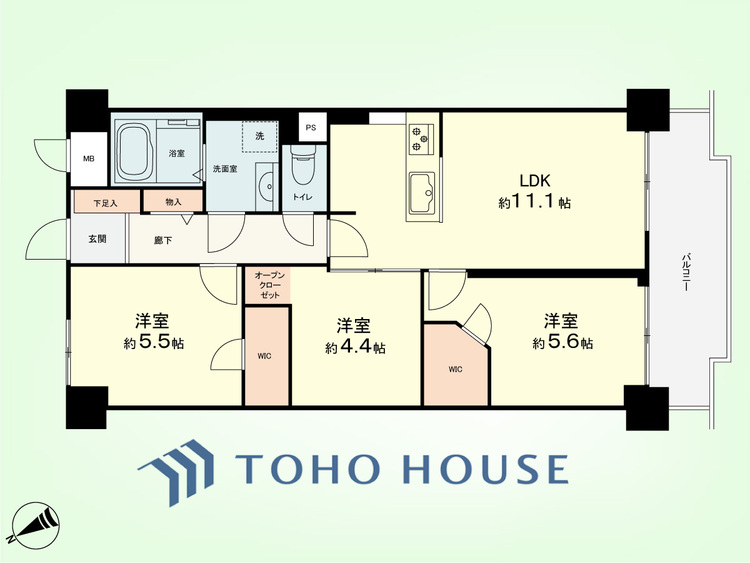 間取り 3LDK　専有面積61.04平米、バルコニー面積7.86平米