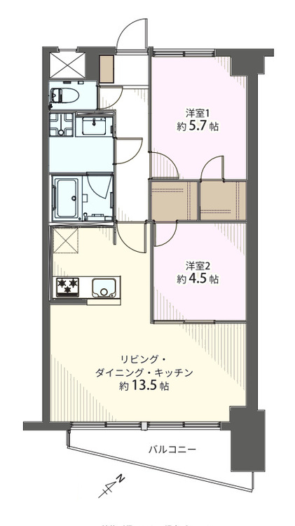 その他 2LDK、専有面積55m2、バルコニー面積5.75m2