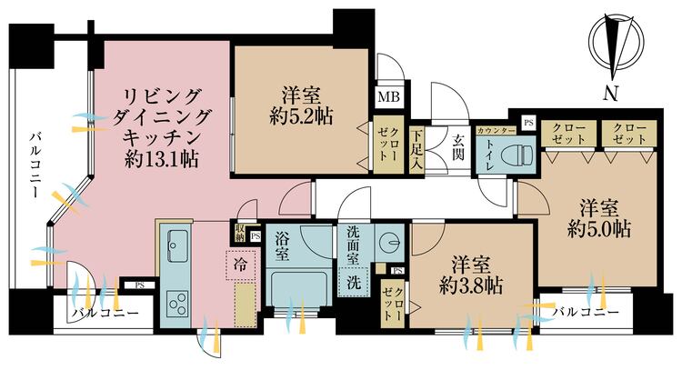 その他 3LDK、専有面積62.2m2、バルコニー面積11.09m2