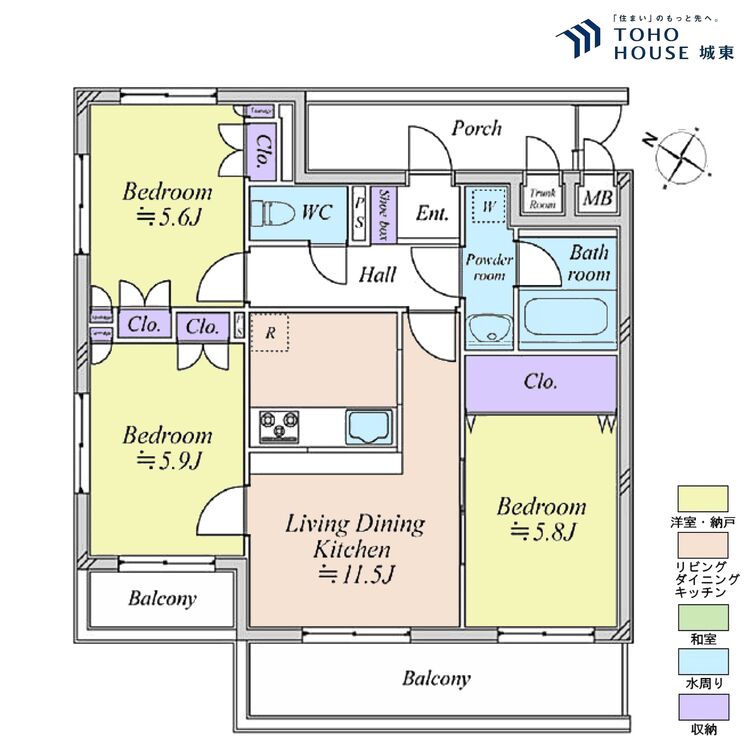 間取り ３ＬＤＫ、専有面積６６．６３平米、バルコニー面積１１．９２平米
