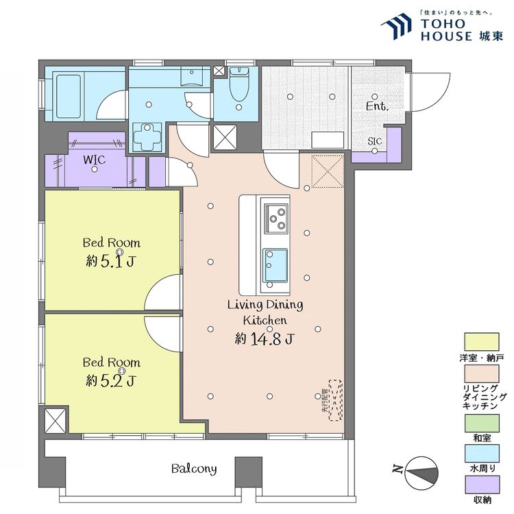 間取り ２ＬＤＫ、専有面積５８．１９平米、バルコニー面積６．７５平米