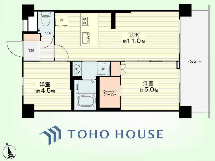 間取り 2LDK　専有面積44.25平米、バルコニー面積7.95平米