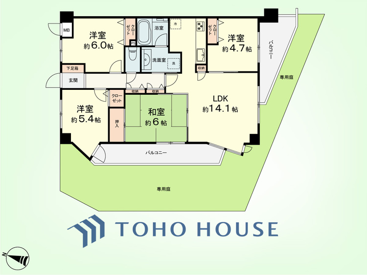間取り 4LDK　専有面積79.74平米、バルコニー面積14.4平米、専用庭面積33平米