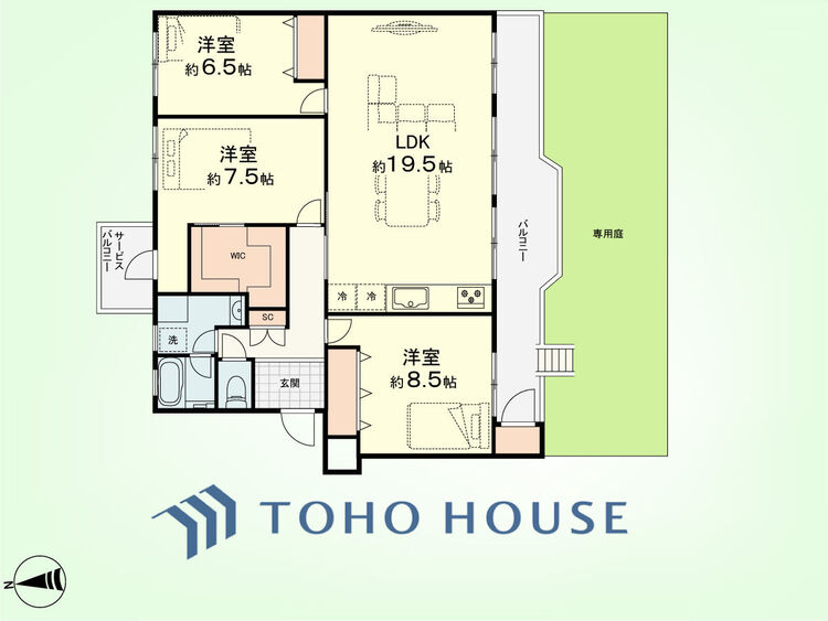 間取り 3LDK　専有面積102.53平米、バルコニー面積11.01平米