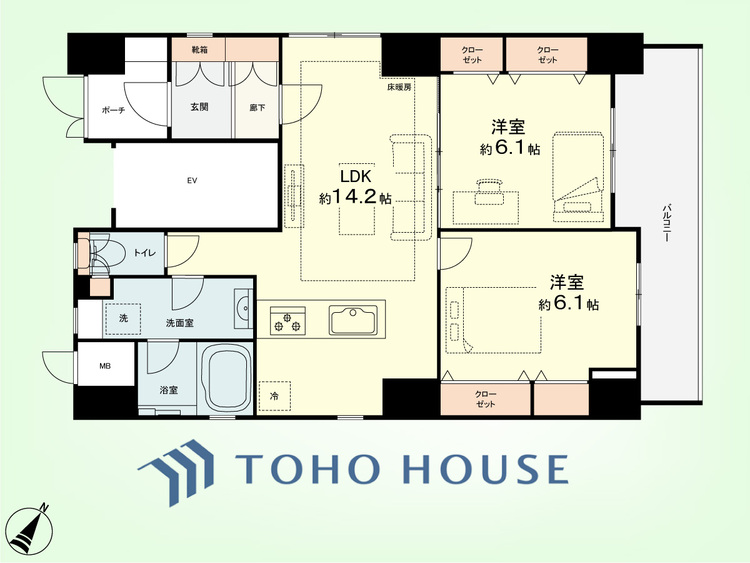 間取り 2LDK　専有面積64.64平米、バルコニー面積8.01平米