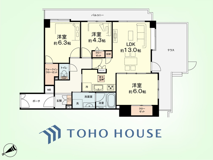 間取り 3LDK　専有面積68.81平米、バルコニー面積9.3平米、テラス面積16.4平米