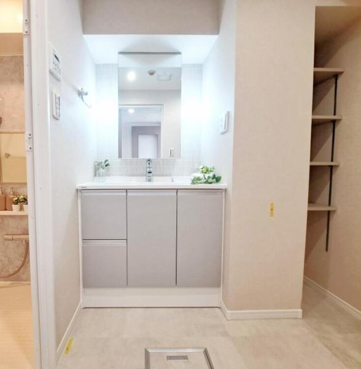 洗面 三面鏡の裏は機能的な収納を配置。コンセントも付いているため電動シェーバーや電動歯ブラシも収納できます。