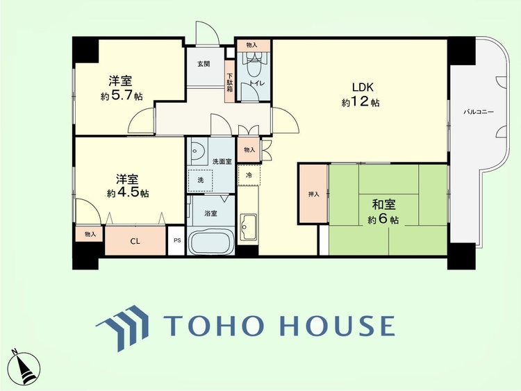 間取り 3LDK　専有面積72.38平米、バルコニー面積9.33平米