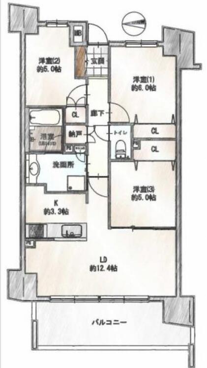 間取り 西バルコニーで午後の日当たりが良く、冬場も暖かい