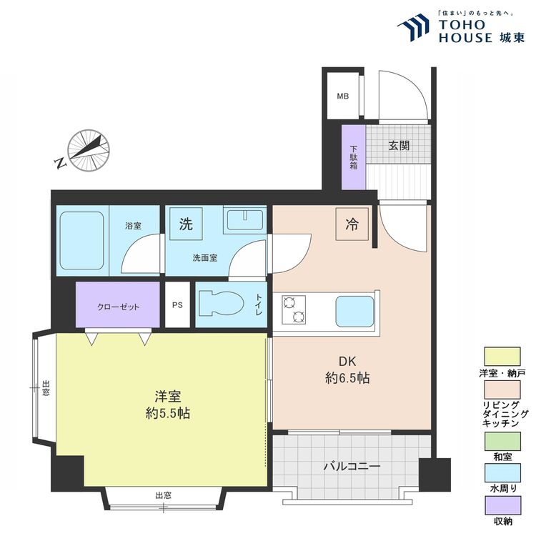 間取り １ＤＫ、専有面積３２．１６平米、バルコニー面積２．４３平米