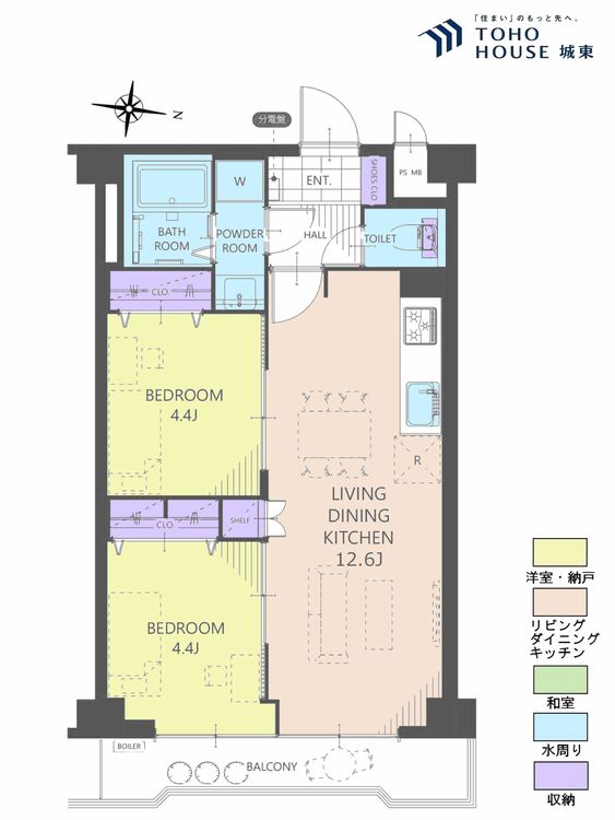 間取り ２ＬＤＫ、専有面積４８．６平米、バルコニー面積５．８４平米