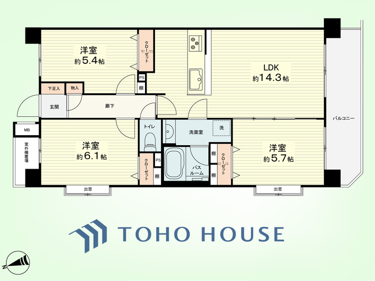 間取り 3LDK　専有面積67.60平米、バルコニー面積8.31平米