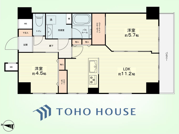 間取り 2LDK　専有面積51.41平米、バルコニー面積5.4平米