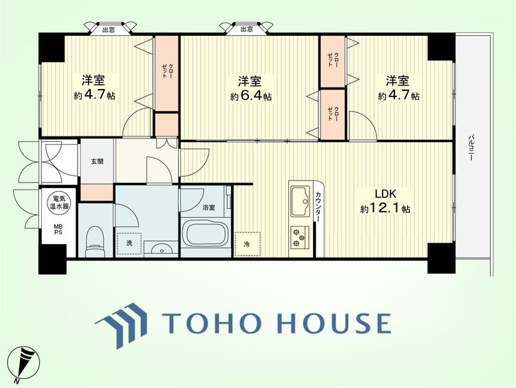 間取り 3LDK　専有面積66.60平米、バルコニー面積6.00平米