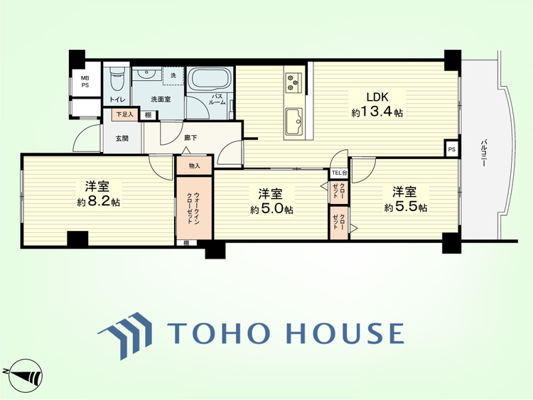 間取り 3LDK　専有面積71.27平米、バルコニー面積8.71平米
