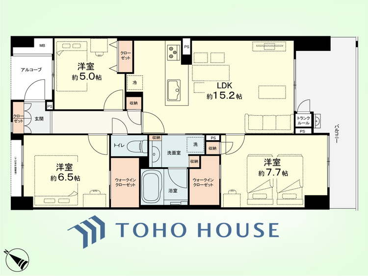 間取り 3LDK+TR　専有面積77.18平米、バルコニー面積12.15平米