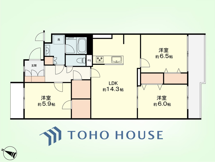 間取り 3LDK　専有面積77.46平米、バルコニー面積12.18平米