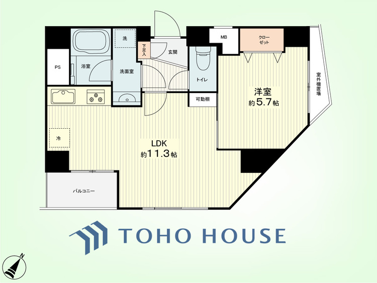 間取り 1LDK　専有面積40.01平米、バルコニー面積2.64平米