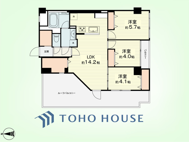 間取り 3LDK　専有面積66.24平米、バルコニー面積2.31平米、ルーフバルコニー面積20.26平米