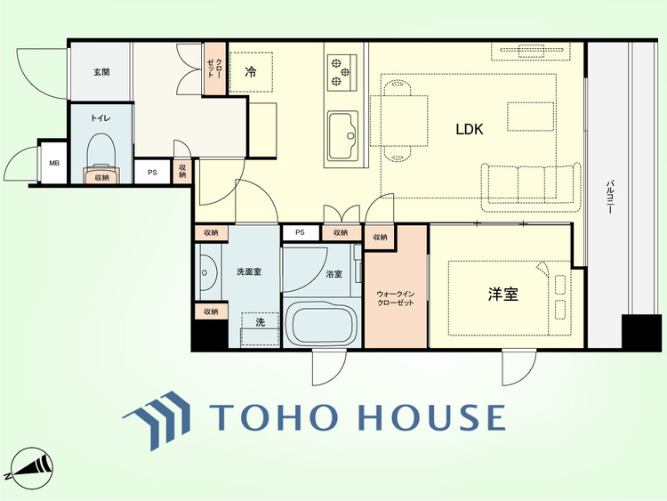 間取り 1LDK　専有面積40.66平米、バルコニー面積8.84平米