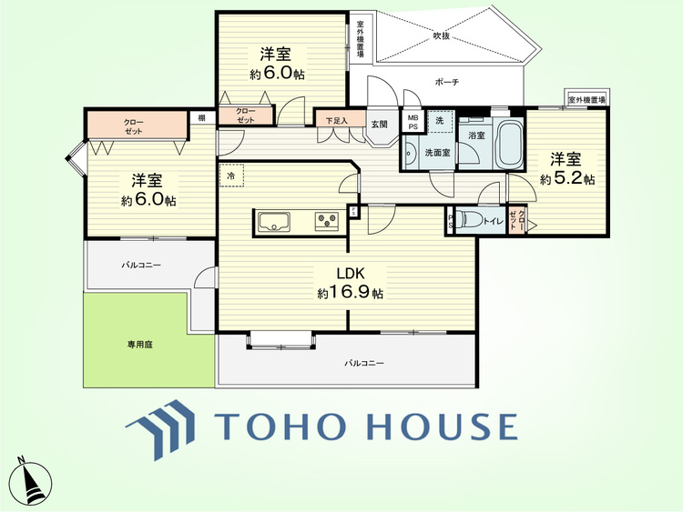 間取り 3LDK　専有面積80.5平米、バルコニー面積16.22平米、専用庭面積8.82平米