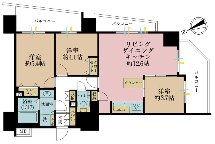 その他 3LDK、専有面積64.53m2、バルコニー面積14.85m2