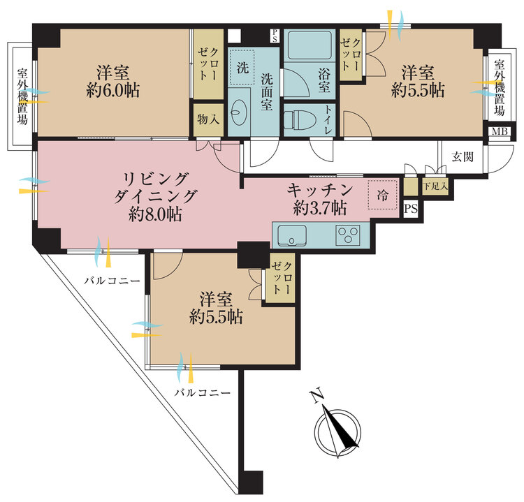 その他 3LDK、専有面積65.3m2、バルコニー面積7.55m2