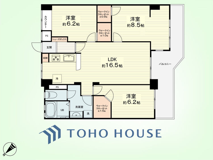 間取り 3LDK　専有面積83.80平米、バルコニー面積10.98平米