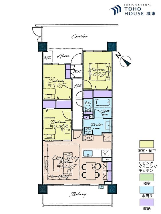 間取り ３ＬＤＫ、専有面積７３．０２平米、バルコニー面積１１．００平米
