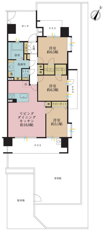 間取り ３ＬＤＫ、専有面積７６．７６平米、テラス面積２０．９０平米