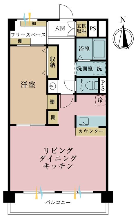 間取り １ＬＤＫ、専有面積４６．４３平米、バルコニー面積調査中