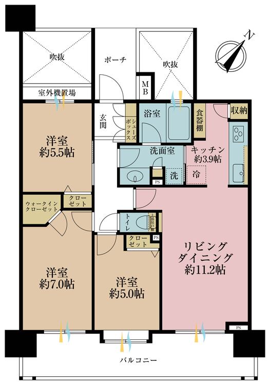 間取り ３ＬＤＫ、専有面積７１．３４平米、バルコニー面積１５．５７平米