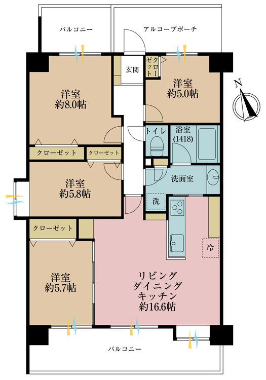 間取り ４ＬＤＫ、専有面積８５．８０平米、バルコニー面積１７．２３平米