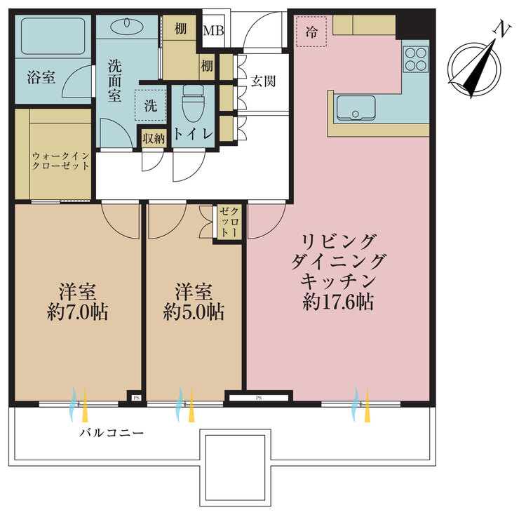 間取り ２ＬＤＫ、専有面積７０．２８平米、バルコニー面積１１．８８平米