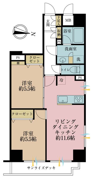 間取り ２ＬＤＫ、専有面積５７．８９平米、バルコニー面積５平米