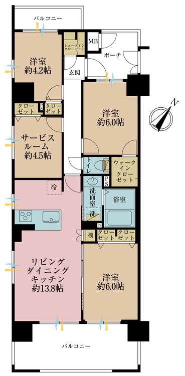 間取り ３ＳＬＤＫ、専有面積７７．４７平米、バルコニー面積１８．１平米