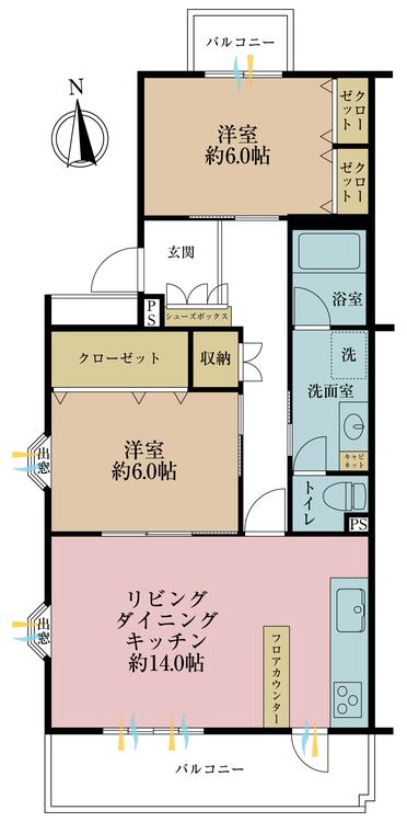 間取り ２ＬＤＫ、専有面積６７．３８平米、バルコニー面積１０．５５平米