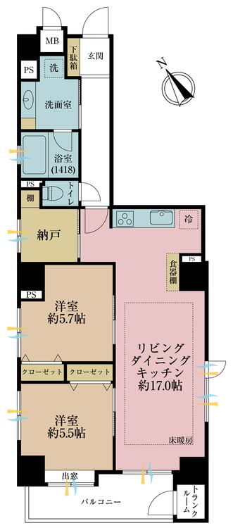 間取り ２ＳＬＤＫ、専有面積７１．３６平米、バルコニー面積８平米