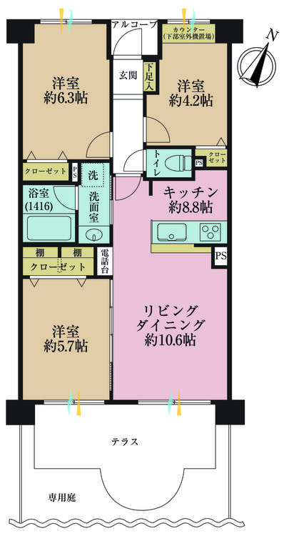 その他 3LDK、専有面積64.42m2、バルコニー面積8.12m2