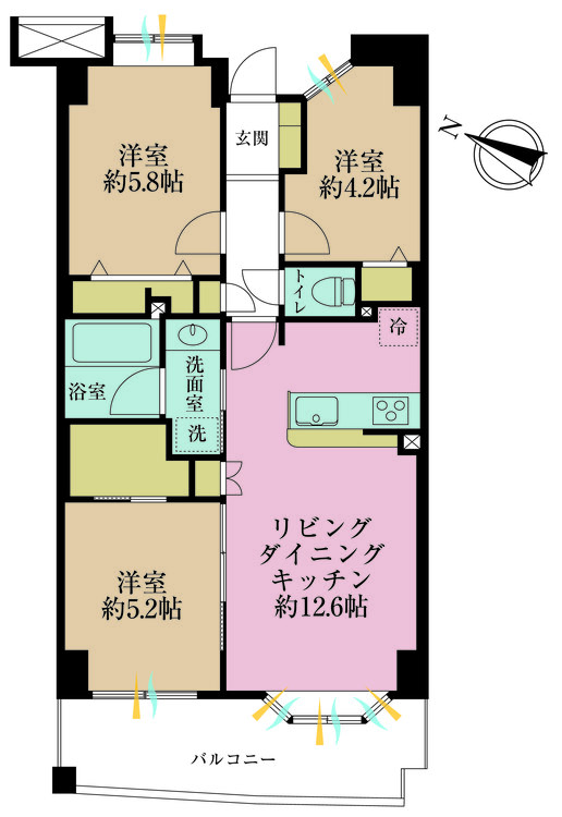 その他 3LDK、専有面積61.54m2、バルコニー面積9.09m2