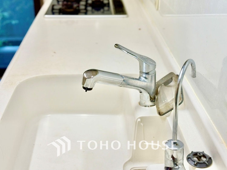 キッチン 浄水器内蔵・可動式のシャワーヘッド。水はねや大きな洗い物も計算したシンク。システムキッチンは家事をずっと楽にしてくれる。