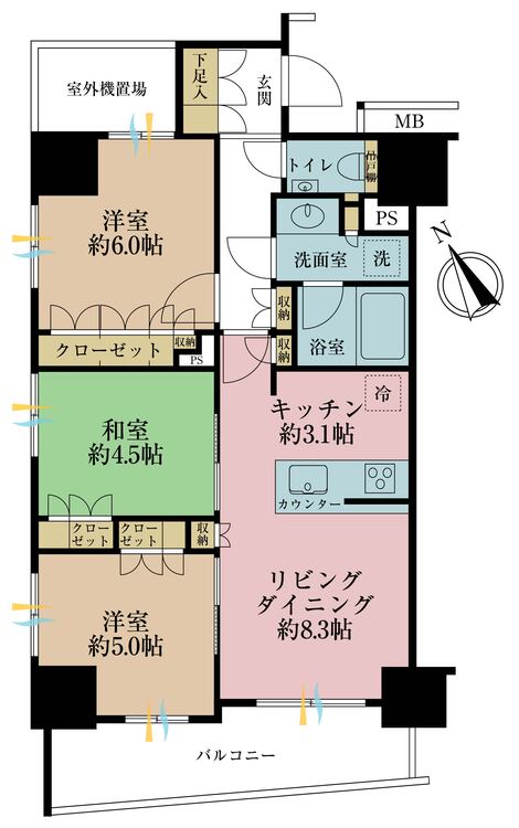 その他 3LDK、専有面積62.11m2、バルコニー面積8.58m2