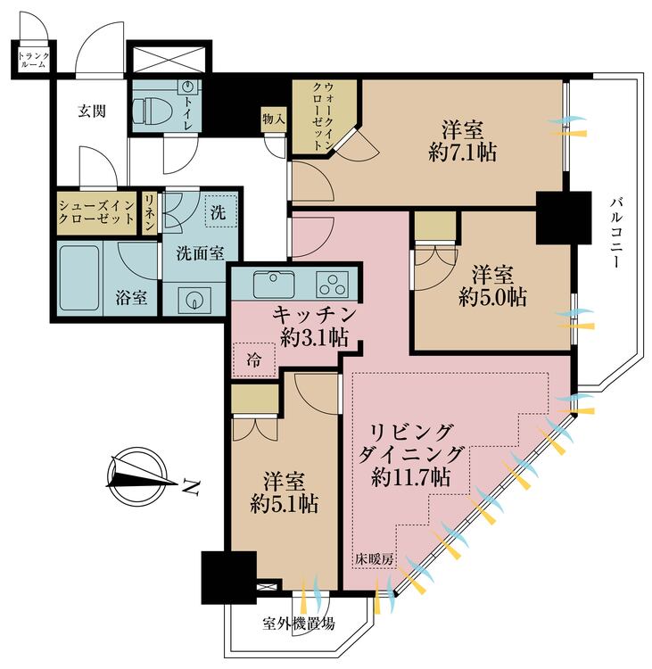 間取り 3LDK、専有面積75.41?、バルコニー面積7.31?